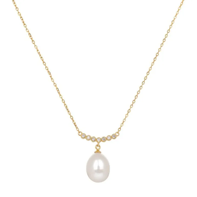 Gold Crescent Pearl Drop Necklace