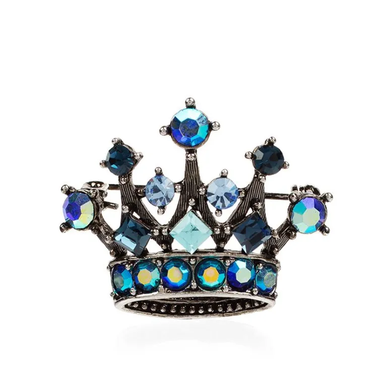 Small Blue Crystal Crown Brooch